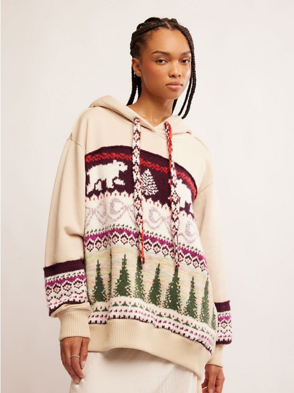 Free People Cream Hooded Fair Isle Sweater with Green Tree Motif